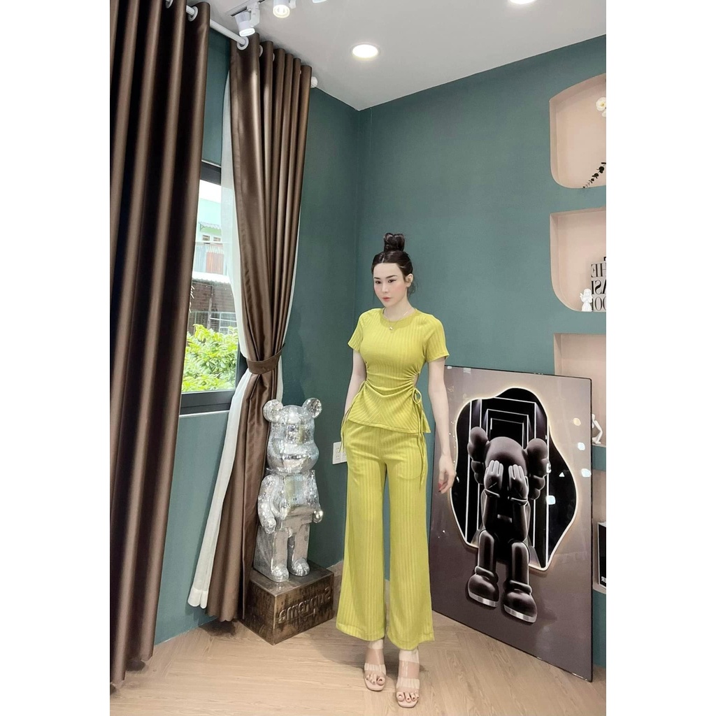Đồ bộ nữ, set bộ quần ống rộng đai cao có túi và áo ôm ngắn tay vải thun cotton gân borip dày, set đồ nữ