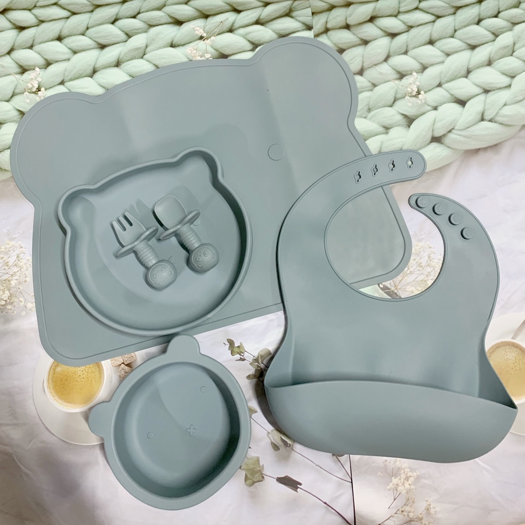 Set ăn dặm silicon 5 món cho bé, bát ăn dặm silicon, khay silicon chống lật phong cách Hàn Quốc