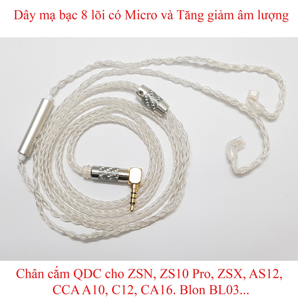 Dây mạ bạc 8 lõi chân QDC có MICRO và Tăng giảm âm lượng cho KZ ZSN, ZS10 Pro, ZSX, AS12, CCA A10, C12, CA16, Blon BL03,