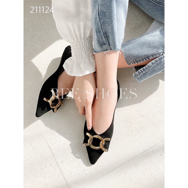 BEESHOES - GIÀY BÚP BÊ NỮ NHỌN - GIÀY BÚP BÊ NỮ DA LỘN ĐẾ BỆT SẴN MÀU ĐEN 211196