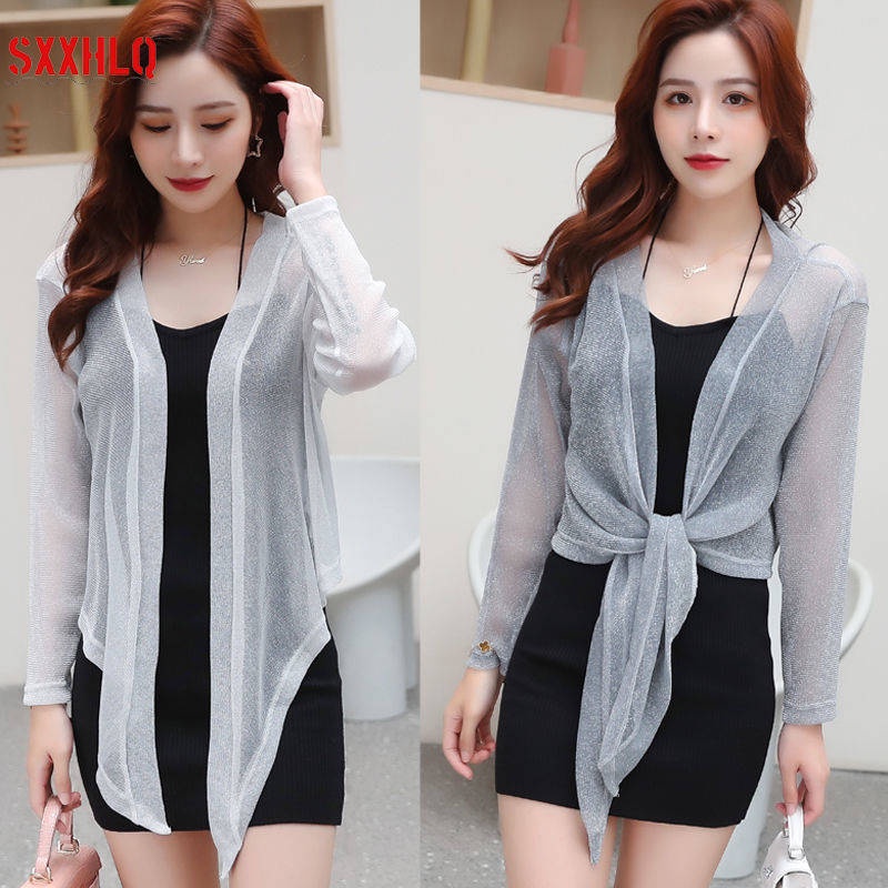 Áo Khoác cardigan Ngắn Bằng Lụa Lạnh Mỏng Chống Nắng Có Khăn Choàng Nhỏ Kích Thước Lớn Ngoài Trời Mùa Hè