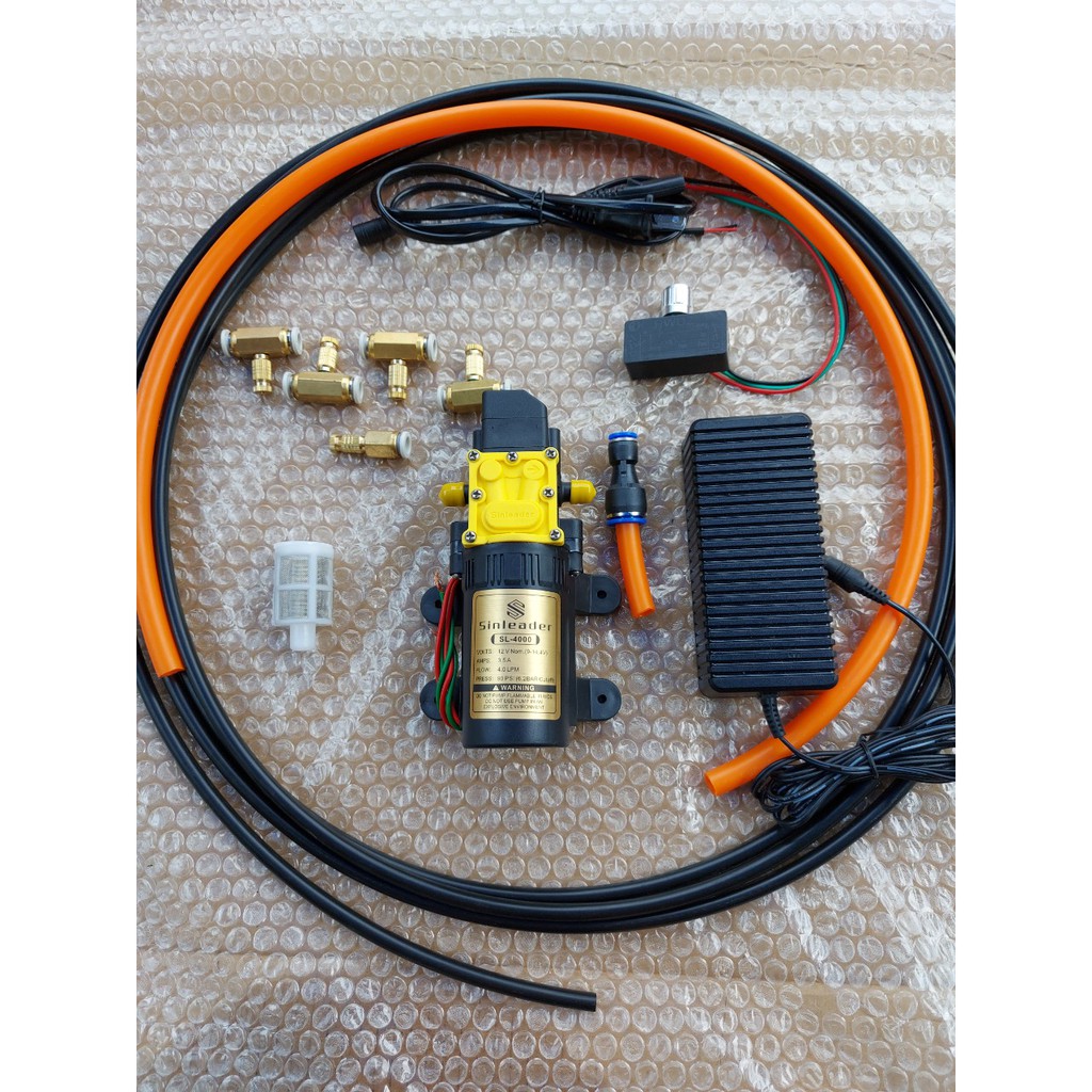bộ phun sương. bơm sinleader đơn kèm nguồn 12v-5a. 10m dây phun. 1m dây hút. 5 béc đồng. điều tốc (chiết áp) 12v. giúp l