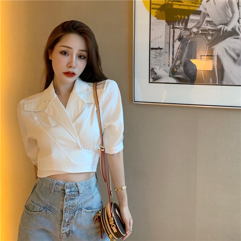 IELGY   Áo Kiểu Tay Ngắn Cổ Chữ V Chéo Dây Lưng Cao Thời Trang Quyến Rũ Cho Nữ