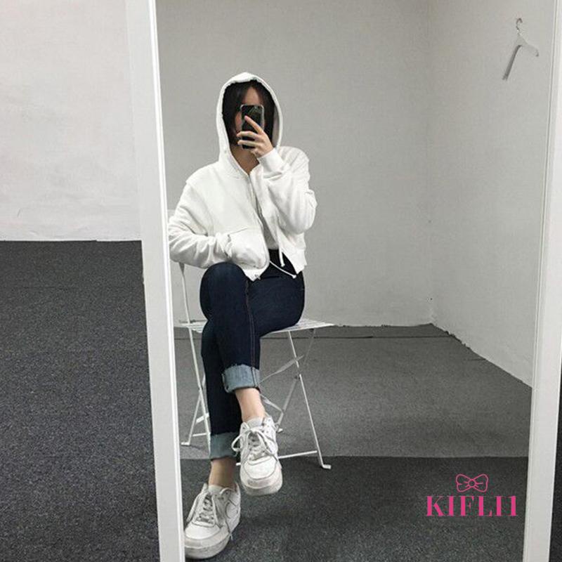 🌈Áo khoác form ngắn croptop tay dài có mũ nón trùm đầu dây kéo ulzzang