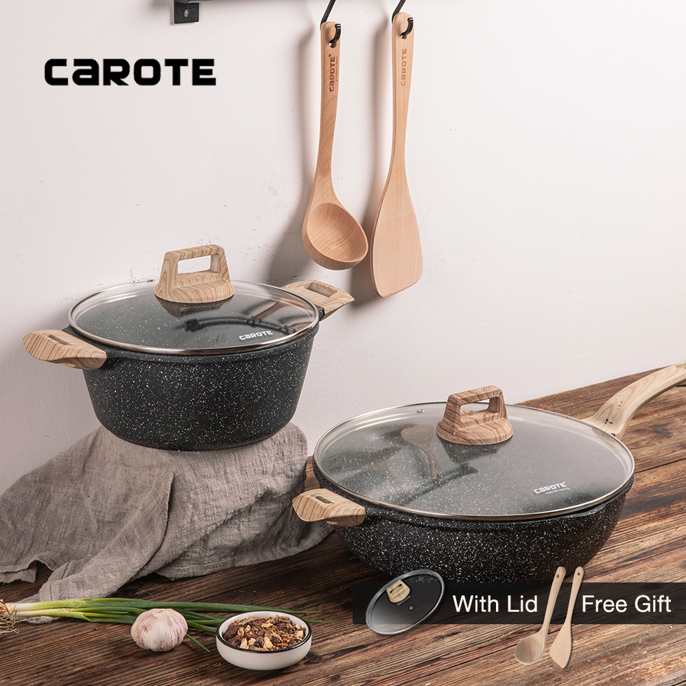 Bộ Chảo Chống Dính CAROTE® Essential Woody - Chảo Sâu Lòng 24/30/32cm và Nồi Hầm 24/28cm - Màu Xám Có Nắp Kèm Sạn Và Muô