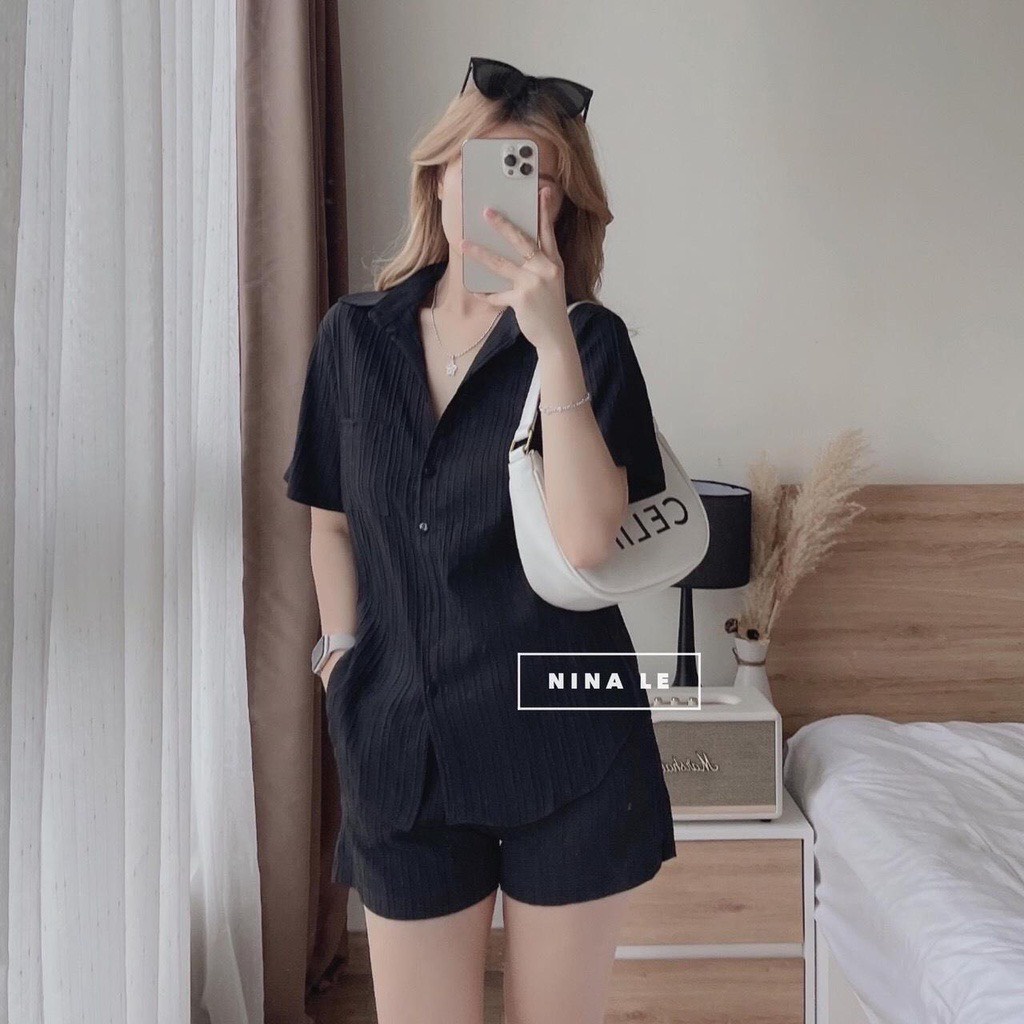 Set bộ quần áo nữ áo sơ mi quần đùi cạp chun chất gân tăm thiết kế thắt nơ sau lưng hàng đẹp hottrend PANOSI - B118