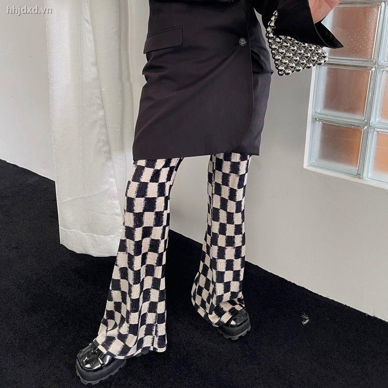 ✼Quần Dài Lưng Cao Ống Rộng Họa Tiết Sọc Caro Phong Cách Hàn Quốc Thời Trang Cho Nữ