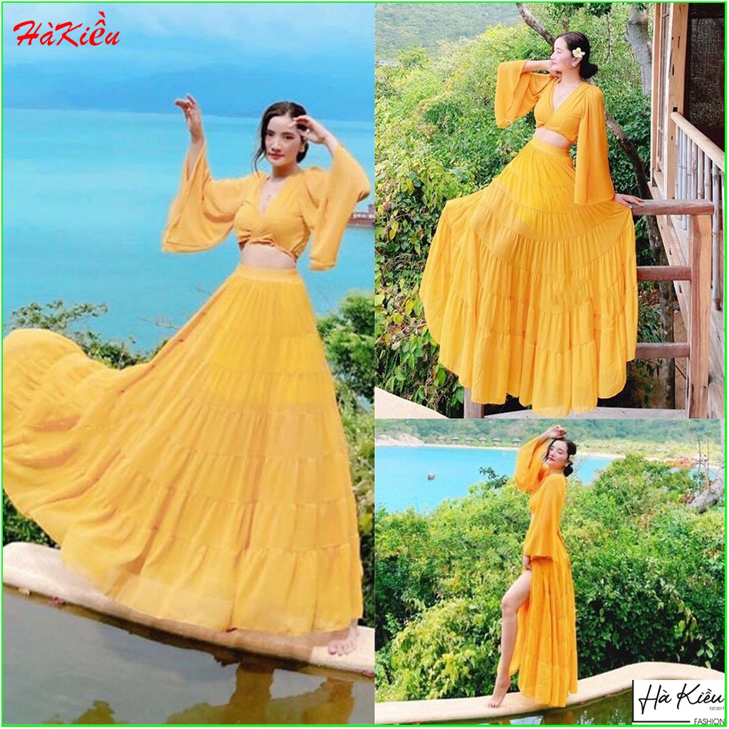 Set váy maxi tay loe nhíu tầng chụp hình sống ảo Hakieu MSP043 (hình chụp thật)
