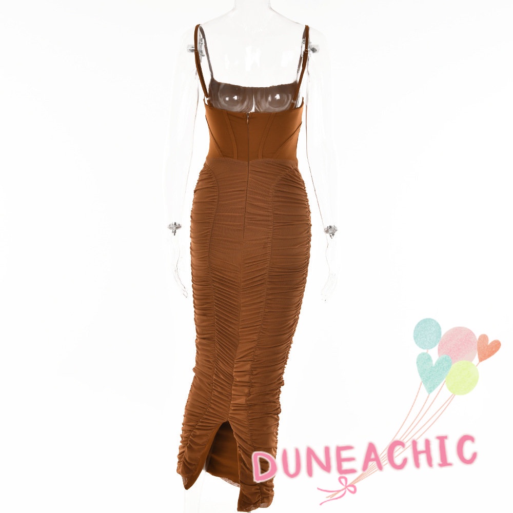 DUNEA Đầm hai dây dáng dài xếp ly thời trang mùa hè cho bạn gái