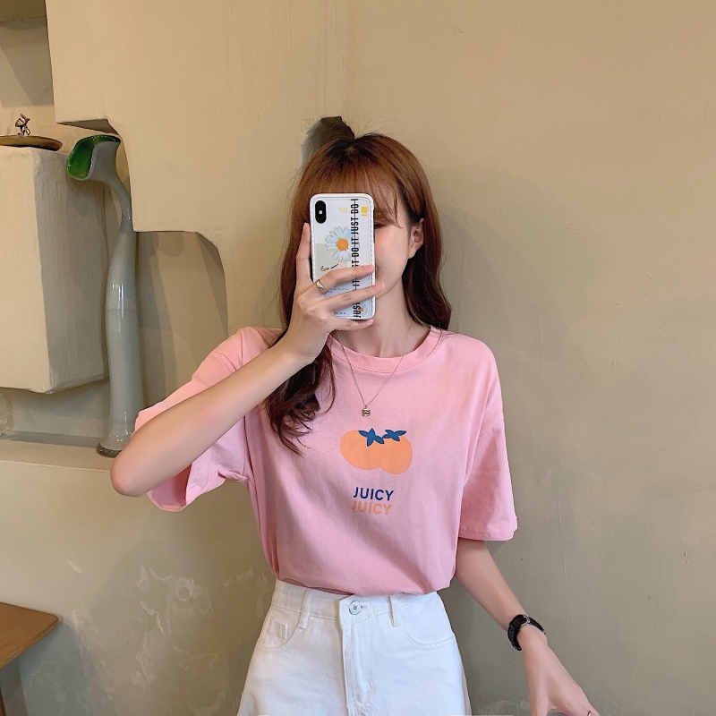 Áo Thun Hàn Quốc Tay Ngắn Dáng Rộng In Hình Quả Cam Cho Nữ