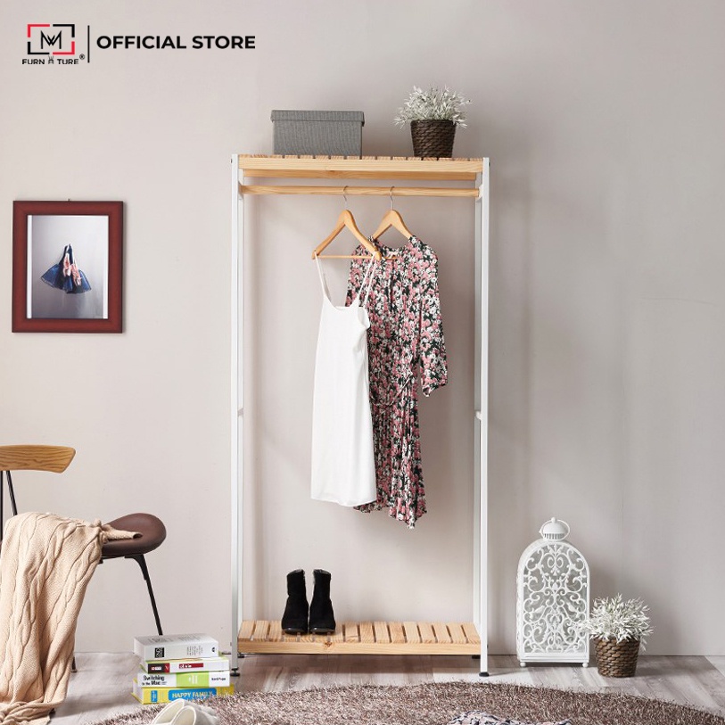 Combo tủ treo quần áo gỗ khung sắt tĩnh điện cao cấp màu trắng thương hiệu MW FURNITURE - Combo iron closet