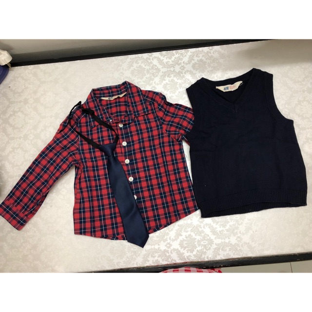 Set áo sơ mi + len kèm cà vạt cho bé trai