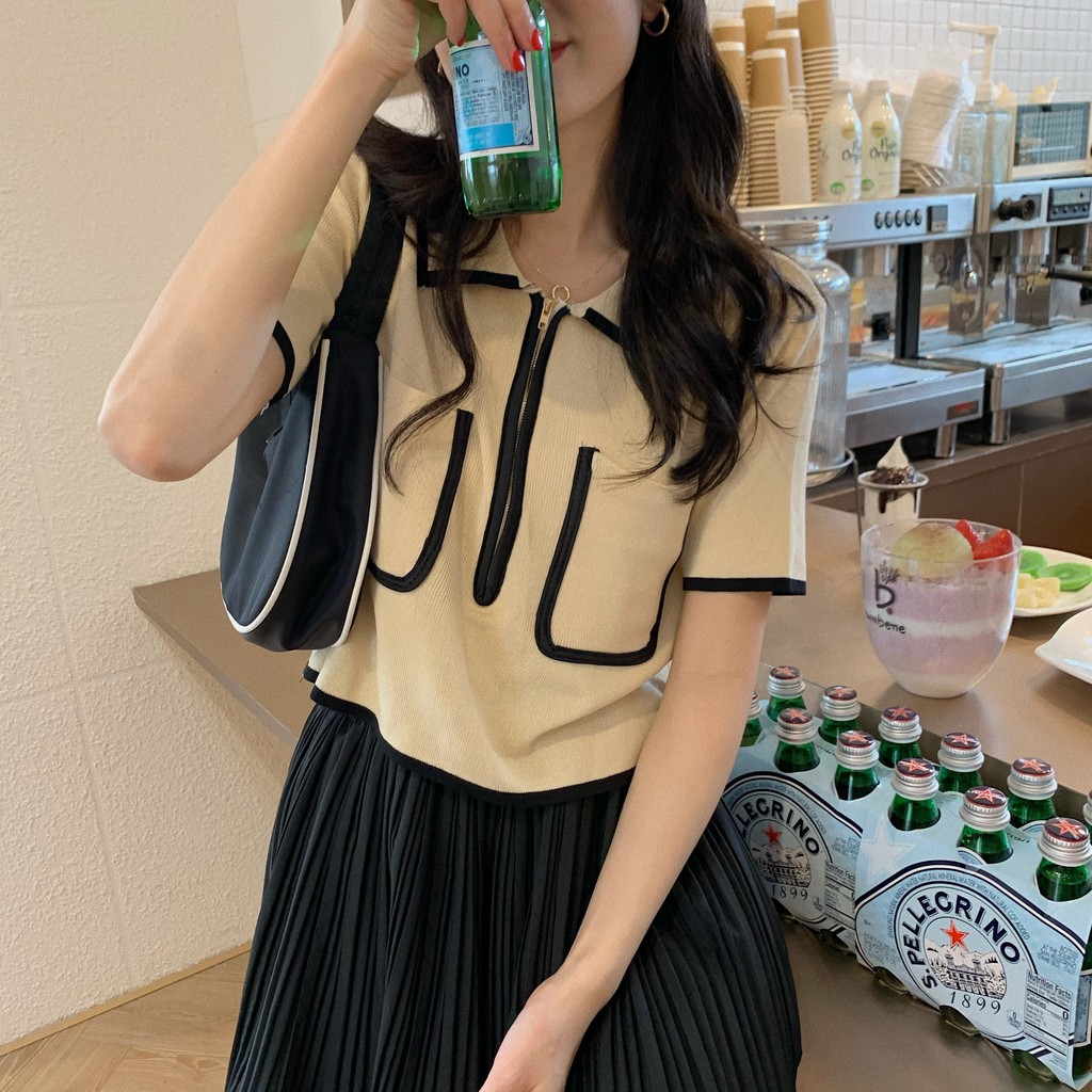 (ORDER) Áo len cộc tay dệt kim LOLO cổ bẻ kéo khóa phối viền 2 túi style Hàn Quốc điệu đà
