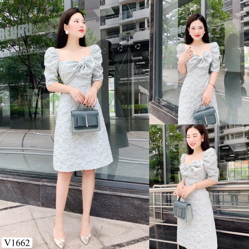 Pass váy xanh gấm nơ lệch V1662 - AS STORE DVC ( PASS SIZE M)