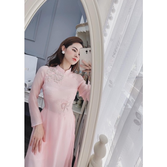 Áo Dài Kết Nơ Màu Hồng Dâu Siêu Xinh_Áo Dài 4 Tà Voan Tơ Óng Sang Xịn.