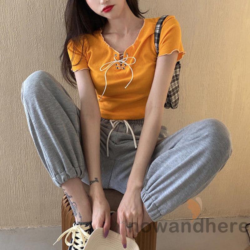 Áo Thun Tay Ngắn Cổ Đan Dây Chéo Màu Sắc Trơn Thời Trang Cho Nữ | BigBuy360 - bigbuy360.vn