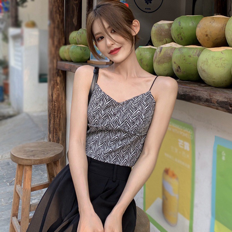 Áo Hai Dây Dệt Kim Cổ Chữ V Dáng Ôm Hoa Văn Kẻ Sọc Thời Trang Dành Cho Nữ