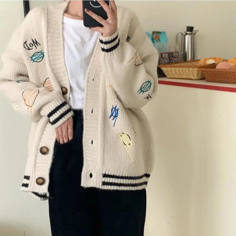 Áo Khoác Cardigan Dệt Kim Dáng Rộng Thêu Họa Tiết Thời Trang Hàn Quốc Cho Nữ | BigBuy360 - bigbuy360.vn