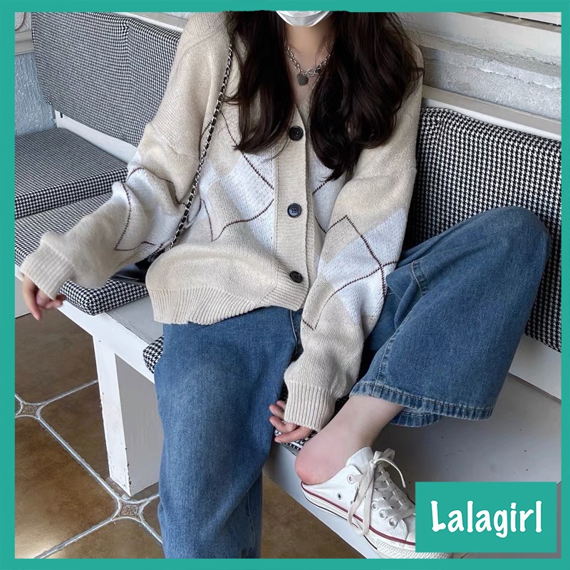 Áo khoác Cardigan len thổ cẩm xanh than phối kim cương dáng rộng