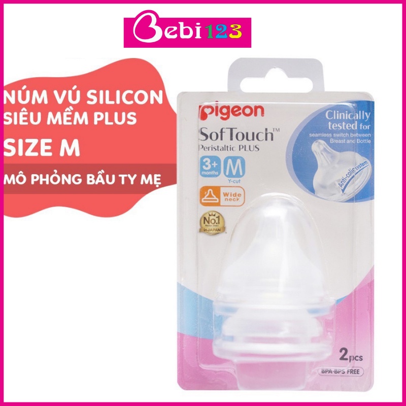 Set 2 núm ty vú Pigeon Plus cổ rộng silicon siêu mềm size S, M, L, LL, LLL cho bé