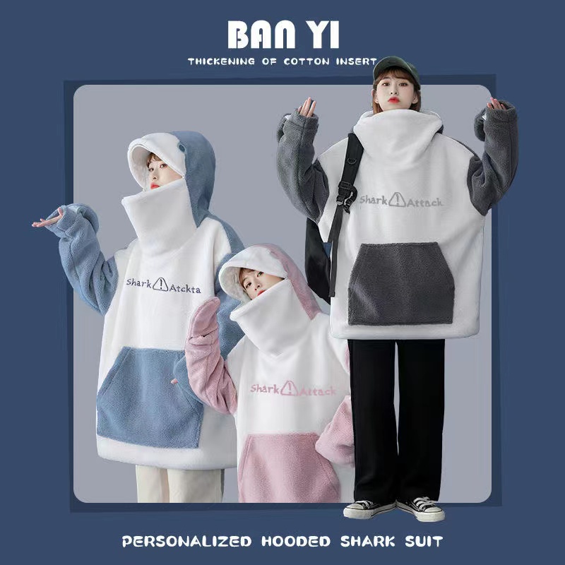 Áo Hoodie Giữ Ấm Phối Nón Cá Mập Phong Cách Hàn Quốc Cho Nam