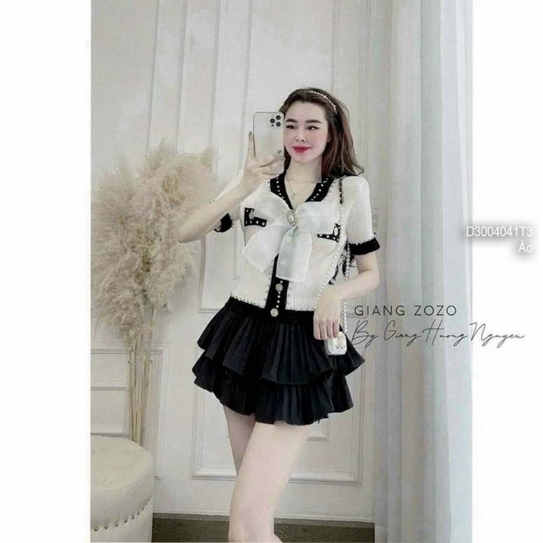 Áo len croptop nơ trắng ngực kết hạt phối viền cổ tim tay ngắn hàng Quảng Châu 3004