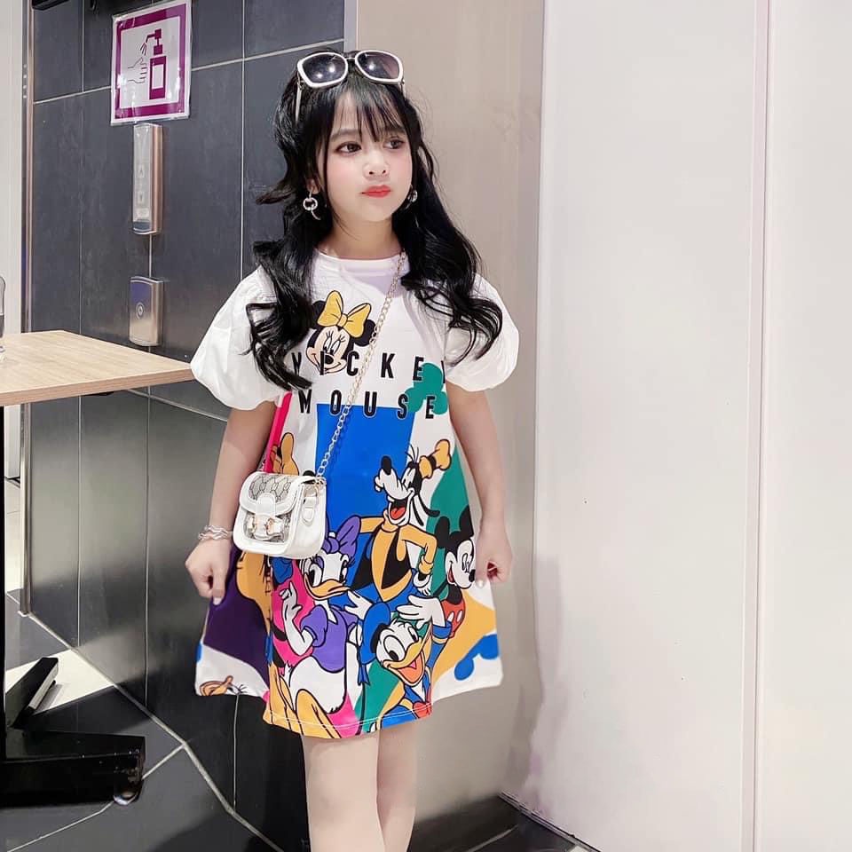 Váy bé gái dáng suông hoạt hình Mickey - Đầm babydoll tay bồng chất thun cotton size đại cho bé từ 20 - 35 kg, SUN KID'S