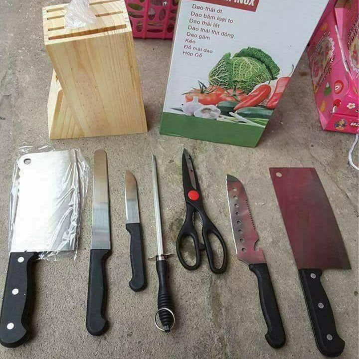 Bộ dao làm bếp hợp kim inox 7 món tặng kèm hộp đựng bằng gỗ .