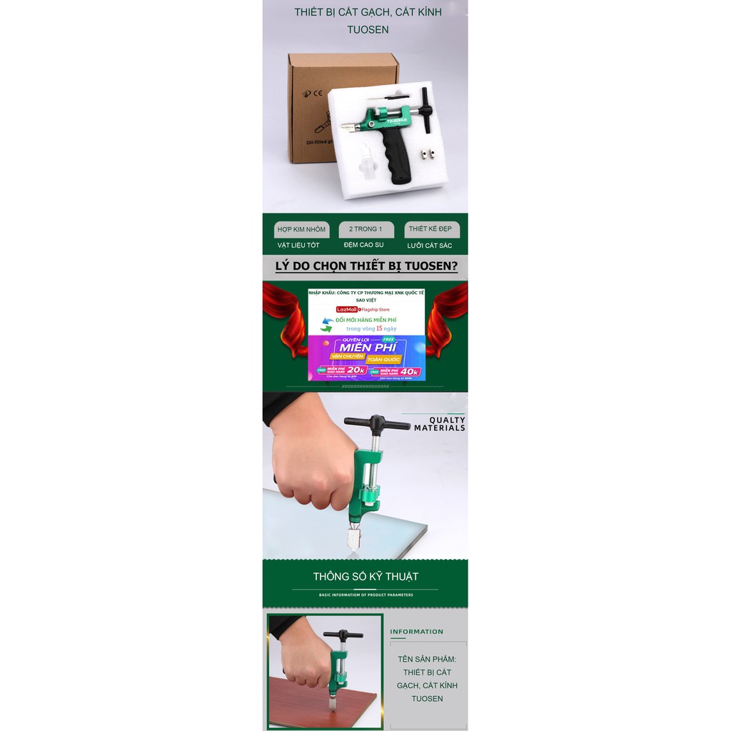 Bộ dụng cụ cắt kính Tuosen, gạch men 2 trong 1 (cắt và bẻ), hợp kim nhôm TUOSEN (Hộp gồm 3 lưỡi, 1 lọ dầu, 1 tôvít, máy.