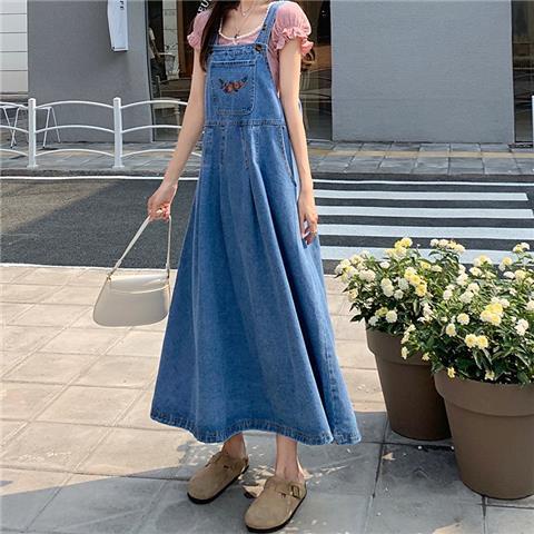 Đầm Yếm Denim Dài Dáng Rộng Thêu Họa Tiết Kiểu Retro Mỹ Xinh Xắn Cho Nữ