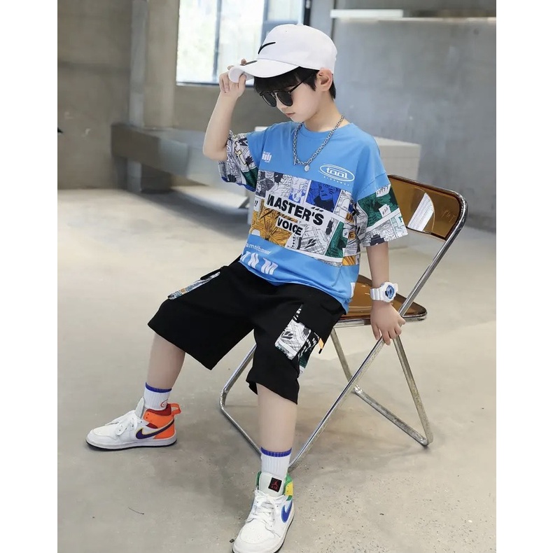 MCBB - 49-60 Kg 100% Vải Cotton Đồ Bộ Cộc Tay Nam Bé Trai & Ba HipHop Áo Thun Nam Quần Shorts Lửng Đùi Phông Quần Áo Nam