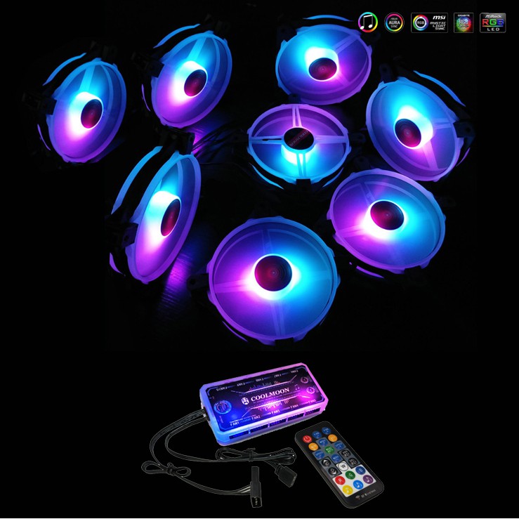 Bộ 8 Quạt Tản Nhiệt, Fan Case Coolmoon V5 Led RGB - Kèm Bộ Hub Sync Main, Đổi Màu Theo Nhạc