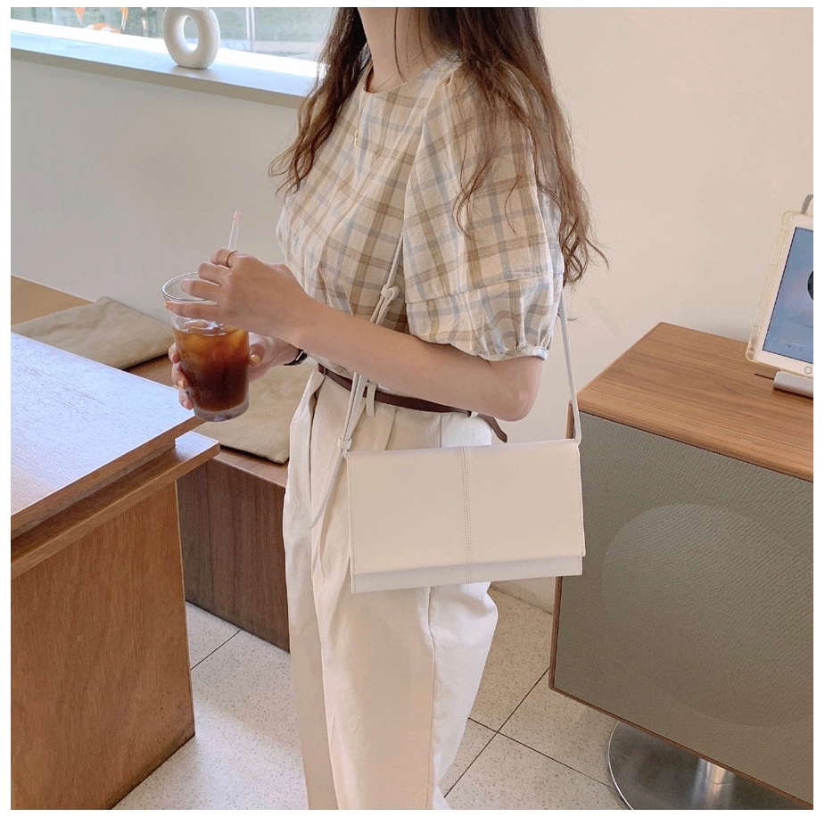 Áo kiểu tay phồng cổ tròn họa tiết sọc ca rô phong cách Hàn Quốc thời trang