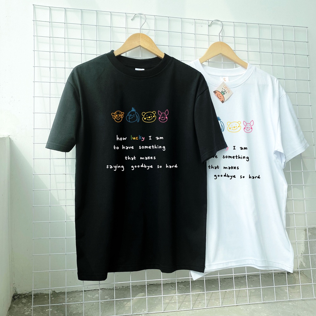 Áo thun Unisex Gấu Pooh lucky 100% cotton oversize tay lỡ form rộng