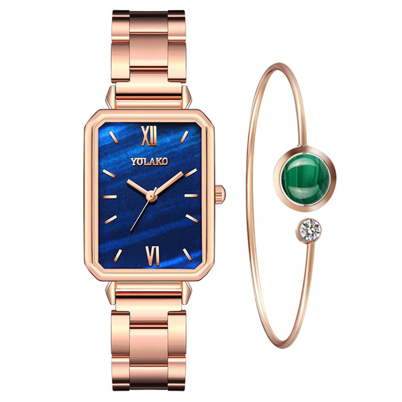 Đồng hồ nữ bằng thép không gỉ mặt hình chữ nhật+vòng tay màu xanh lá thời trang thường ngày