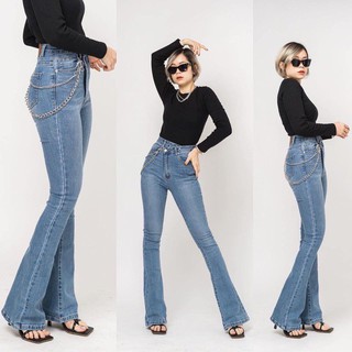 Quần jeans loe cúc lệch dáng dài