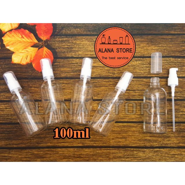 Lọ chiết mỹ phẩm thủy tinh trong vòi ấn ngắn trắng 100ml