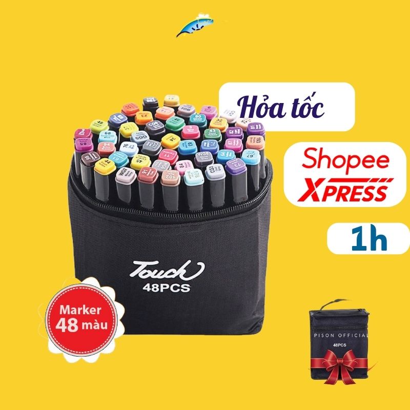 Màu marker 48 bút 2 ngòi to nhỏ linh hoạt đựng trong túi vải dễ dàng tiện lợi, bộ bút dạ đánh dấu, 2 ngòi linh hoạt