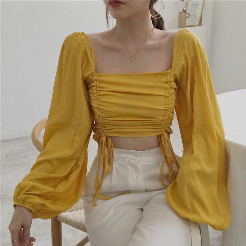 Áo Voan Tay Dài Kiểu Cổ Vuông Phối Dây Rút Hai Bên Eo Duyên Dáng TTS0744