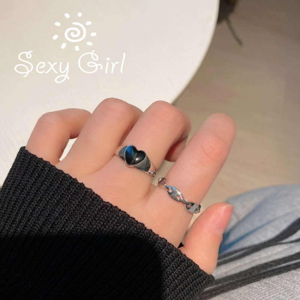 Set 2 nhẫn hở hình trái tim và kiểu dáng không cân xứng phong cách hip hop thời trang cá tính cho nữ