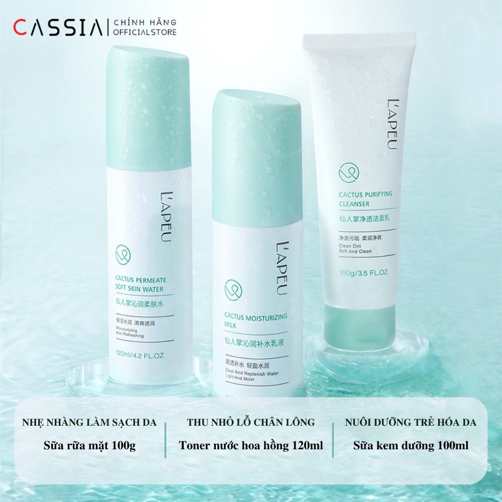 Bộ skincare dưỡng da kiềm dầu giảm mụn 3 món LAPEU nội địa trung chiết xuất xương rồng chăm sóc da dầu mụn