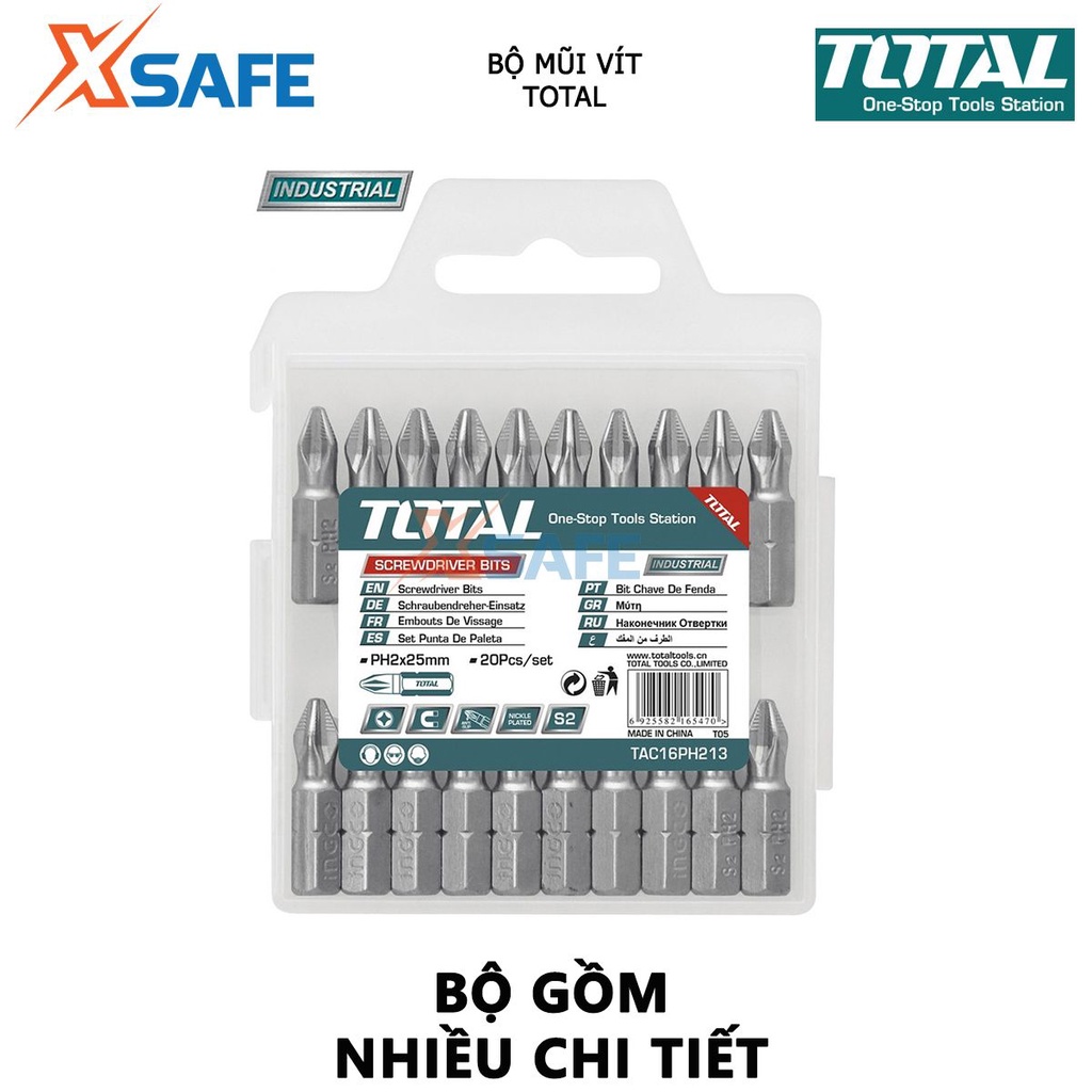 Bộ mũi bắt vít TOTAL Bộ mũi vặn vít chất liệu thép không gỉ công nghệp S2, size PH2, 25-50mm - [XSAFE]