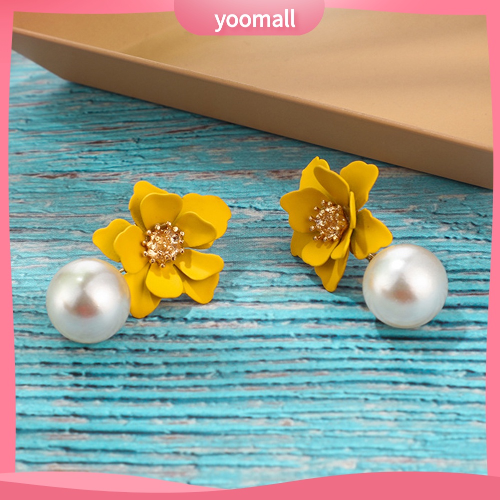 Yomall♡ Đôi Bông Tai Mặt Hoa Đính Ngọc Trai Nhân Tạo Thời Trang