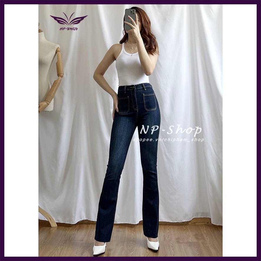 Quần jean ống loe NPSHOP lưng cao túi vuông cắt lai , quần bò nữ cạp cao loe nhẹ dài sang chảnh | BigBuy360 - bigbuy360.vn