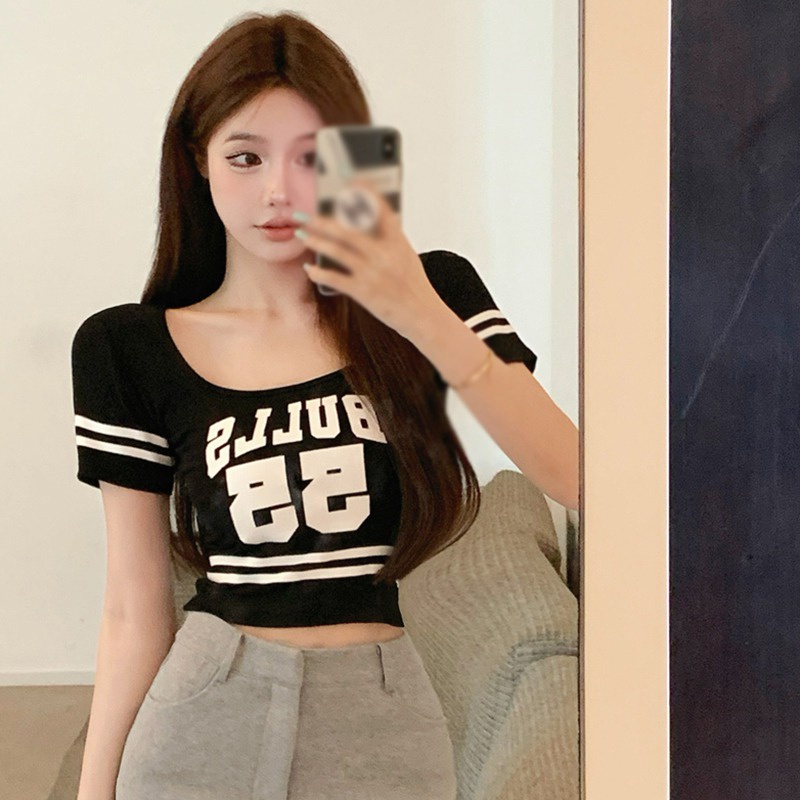 Áo Thun Dệt Kim Tay Ngắn Dáng Ôm In Họa Tiết Thời Trang Mùa Hè Phong Cách Hàn Quốc Cho Nữ
