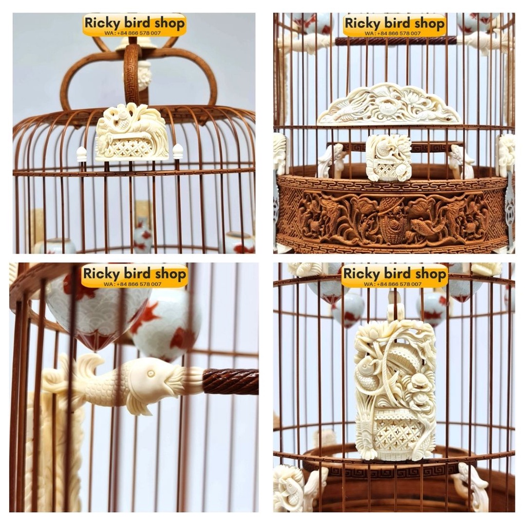 Lồng chim tre, Puteh bird cage - Fish, Prawn and crab design (Included bones accessories)