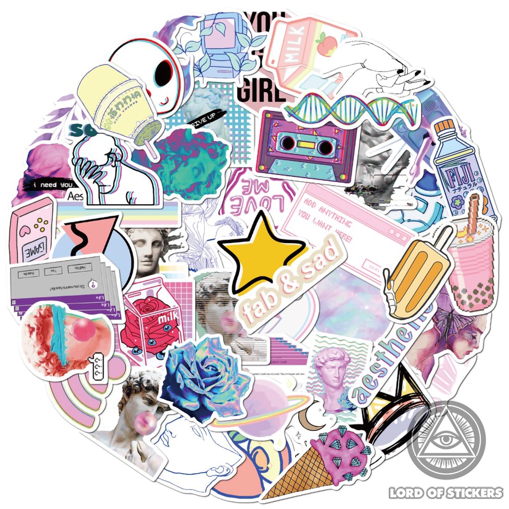 Set 50 Nhãn Dán Retro Aesthetic Lofi Sticker Phong Cách Hoạt Hình Chống Thấm Nước Trang Trí Mũ Bảo Hiểm, Sổ Dễ Thương
