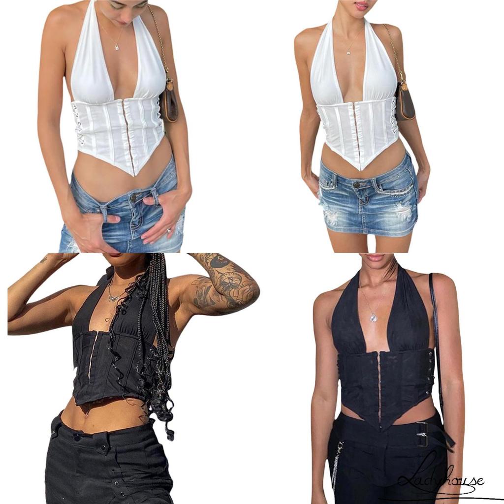 Áo Crop Top Hai Dây Cổ Khoét Sâu Màu Trơn Phong Cách Đường Phố Thời Trang Mùa Hè Cá Tính Dành Cho Nữ