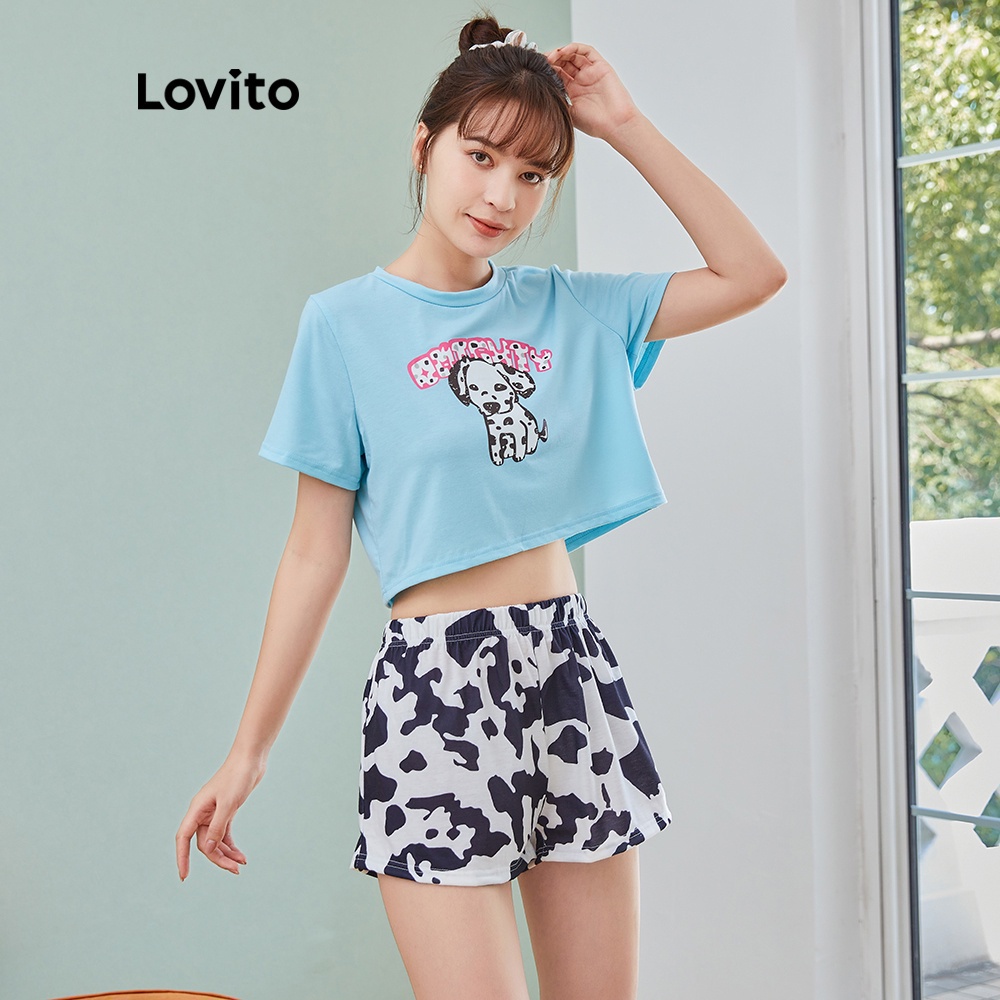 819 VN Delisted 7/27DelistSet trang phục Lovito in họa tiết cún cưng dáng rộng thoải mái L04101 (Màu xanh lam)