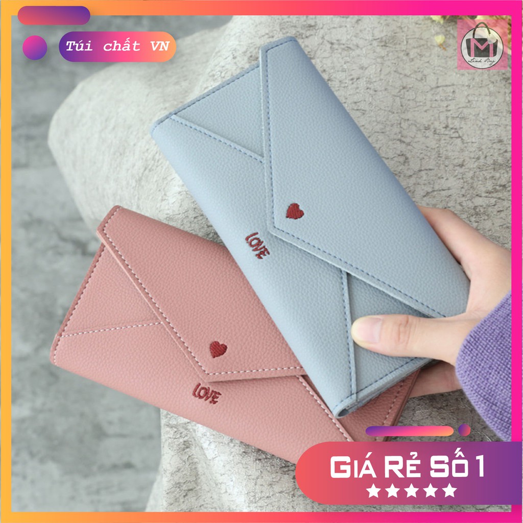 Ví cầm tay nữ dài Love dáng bì thư da mềm khóa bấm size 19
